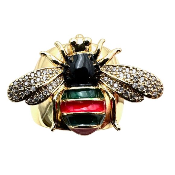 Bee Ring Black Red Green Enamel Clear Crystal 18K Gold Plated Adjustable Size - Picture 2 of 7